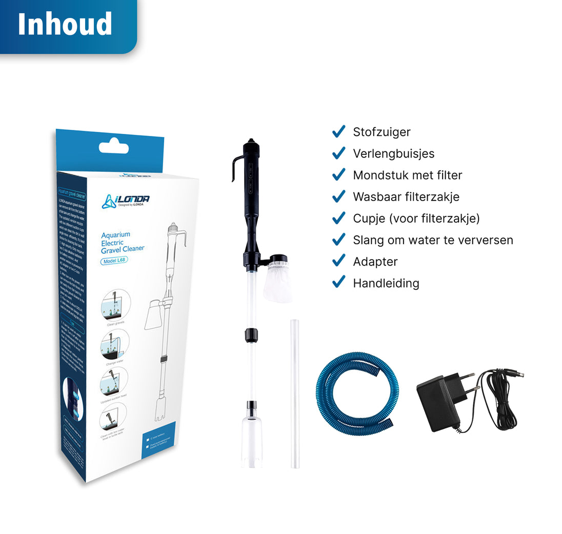 Een elektrische aquariumstofzuiger met adapter, speciaal ontworpen voor het reinigen van de bodem van het aquarium. Deze handige bodemreiniger zorgt voor efficiënte verwijdering van vuil en afval, waardoor het aquarium schoon en gezond blijft. Geschikt voor verschillende soorten substraten en eenvoudig te bedienen voor een moeiteloze onderhoudsroutine.