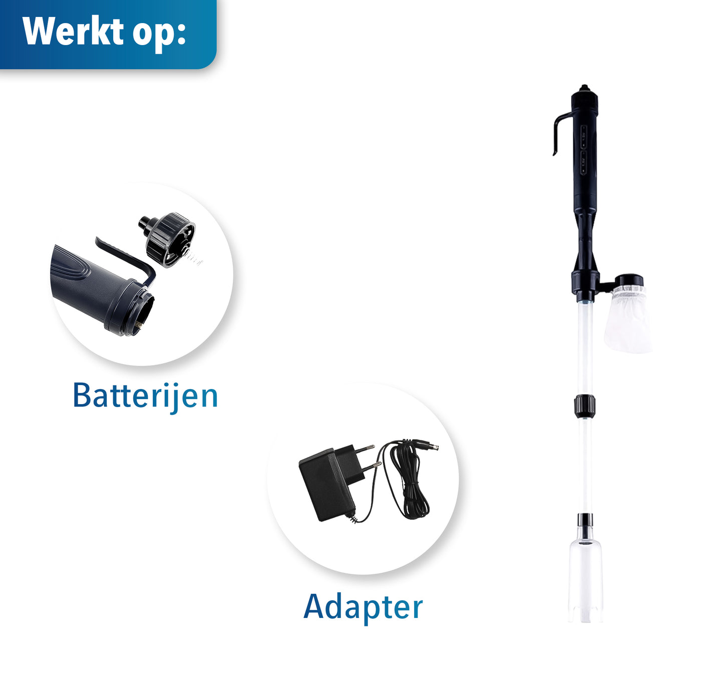 Een elektrische aquariumstofzuiger met adapter, speciaal ontworpen voor het reinigen van de bodem van het aquarium. Deze handige bodemreiniger zorgt voor efficiënte verwijdering van vuil en afval, waardoor het aquarium schoon en gezond blijft. Geschikt voor verschillende soorten substraten en eenvoudig te bedienen voor een moeiteloze onderhoudsroutine.