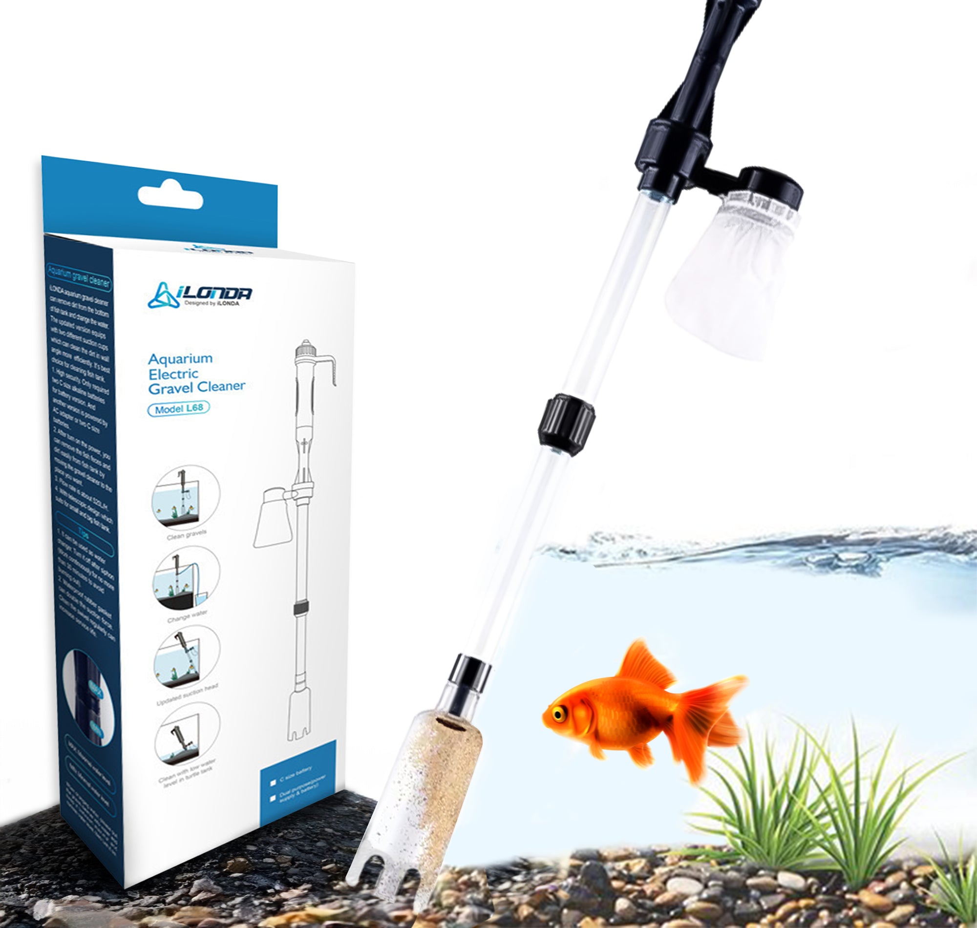 Een elektrische aquariumstofzuiger met adapter, speciaal ontworpen voor het reinigen van de bodem van het aquarium. Deze handige bodemreiniger zorgt voor efficiënte verwijdering van vuil en afval, waardoor het aquarium schoon en gezond blijft. Geschikt voor verschillende soorten substraten en eenvoudig te bedienen voor een moeiteloze onderhoudsroutine.