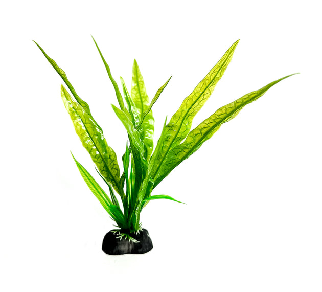 Realistische groene waterplant met lange bladeren, een kunstmatig alternatief voor zwaardplanten in aquaria. Deze 18 cm lange nepplant met realistisch zeewier biedt een ideale aquatische decoratie zonder onderhoud.