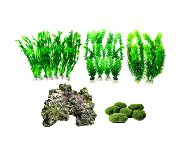 Een set aquarium kunstplanten in verschillende vormen en maten, ontworpen voor een natuurlijke uitstraling in aquaria. De kunstplanten zijn gemaakt van hoogwaardige, niet-giftige materialen en hebben levendige groene tinten. Ze zijn bevestigd op stevige stenen bases voor stabiliteit. Ideaal voor zowel zoet- als zoutwateraquaria, deze decoratieve planten dragen bij aan een realistische onderwateromgeving.