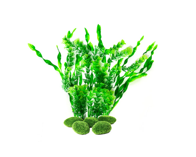 Een set aquarium kunstplanten in verschillende vormen en maten, ontworpen voor een natuurlijke uitstraling in aquaria. De kunstplanten zijn gemaakt van hoogwaardige, niet-giftige materialen en hebben levendige groene tinten. Ze zijn bevestigd op stevige stenen bases voor stabiliteit. Ideaal voor zowel zoet- als zoutwateraquaria, deze decoratieve planten dragen bij aan een realistische onderwateromgeving.
