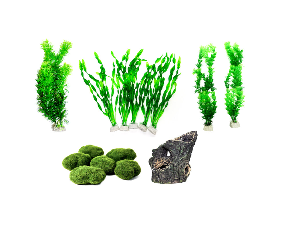Een set aquarium kunstplanten in verschillende vormen en maten, ontworpen voor een natuurlijke uitstraling in aquaria. De kunstplanten zijn gemaakt van hoogwaardige, niet-giftige materialen en hebben levendige groene tinten. Ze zijn bevestigd op stevige stenen bases voor stabiliteit. Ideaal voor zowel zoet- als zoutwateraquaria, deze decoratieve planten dragen bij aan een realistische onderwateromgeving.