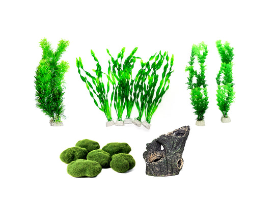 Een set aquarium kunstplanten in verschillende vormen en maten, ontworpen voor een natuurlijke uitstraling in aquaria. De kunstplanten zijn gemaakt van hoogwaardige, niet-giftige materialen en hebben levendige groene tinten. Ze zijn bevestigd op stevige stenen bases voor stabiliteit. Ideaal voor zowel zoet- als zoutwateraquaria, deze decoratieve planten dragen bij aan een realistische onderwateromgeving.
