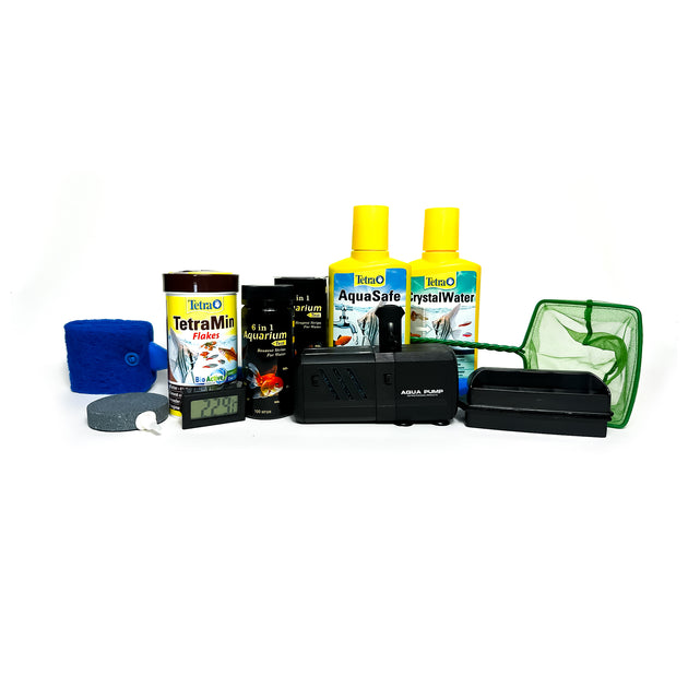 Complete aquarium starter kit voor beginners en hobbyisten, inclusief digitale thermometer, schepnet, watertest strips, vissenvoer, algenmagneet, luchtsteen, schoonmaakborstel, filterpomp, waterverbetering en waterkwaliteit onderhoud. Perfecte set voor aquarium onderhoud, reiniging en verzorging van uw onderwaterwereld.