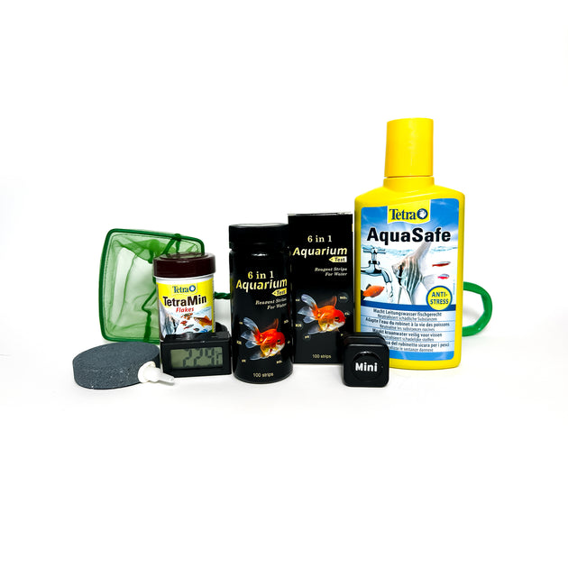Complete aquarium starter kit voor beginners en hobbyisten, inclusief digitale thermometer, schepnet, watertest strips, vissenvoer, algenmagneet, luchtsteen, schoonmaakborstel, filterpomp, waterverbetering en waterkwaliteit onderhoud. Perfecte set voor aquarium onderhoud, reiniging en verzorging van uw onderwaterwereld.