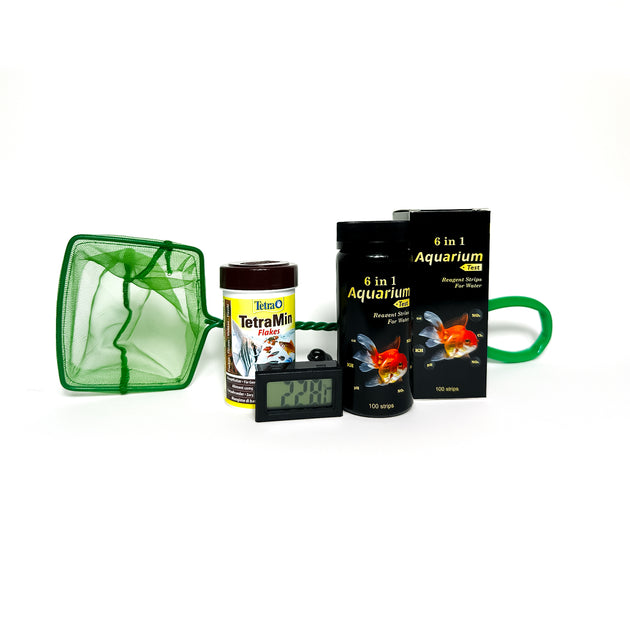 Complete aquarium starter kit voor beginners en hobbyisten, inclusief digitale thermometer, schepnet, watertest strips, vissenvoer, algenmagneet, luchtsteen, schoonmaakborstel, filterpomp, waterverbetering en waterkwaliteit onderhoud. Perfecte set voor aquarium onderhoud, reiniging en verzorging van uw onderwaterwereld.
